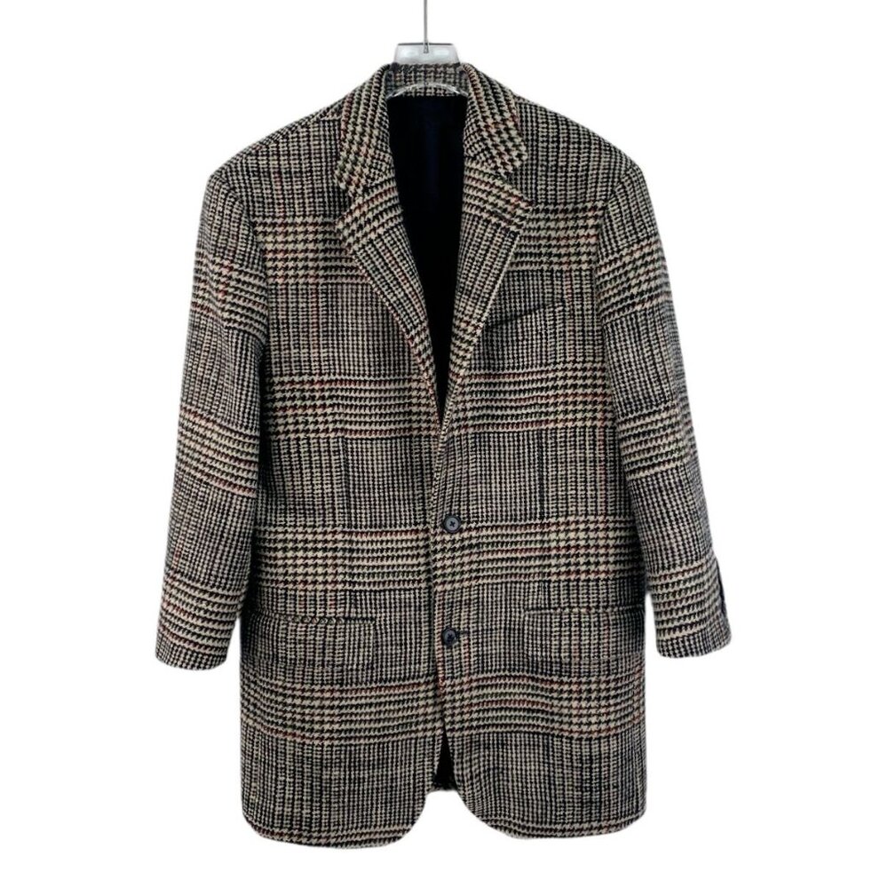Celine Grey Checkered Wool Lapel Single-Breasted Long-Sleeved Suit Overcoat Coat
